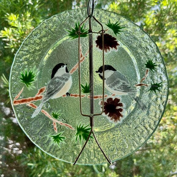 Vintage Signed Pressed Glass Plate with Hand-Painted Chickadees and Pinecones - Picture 1 of 16
